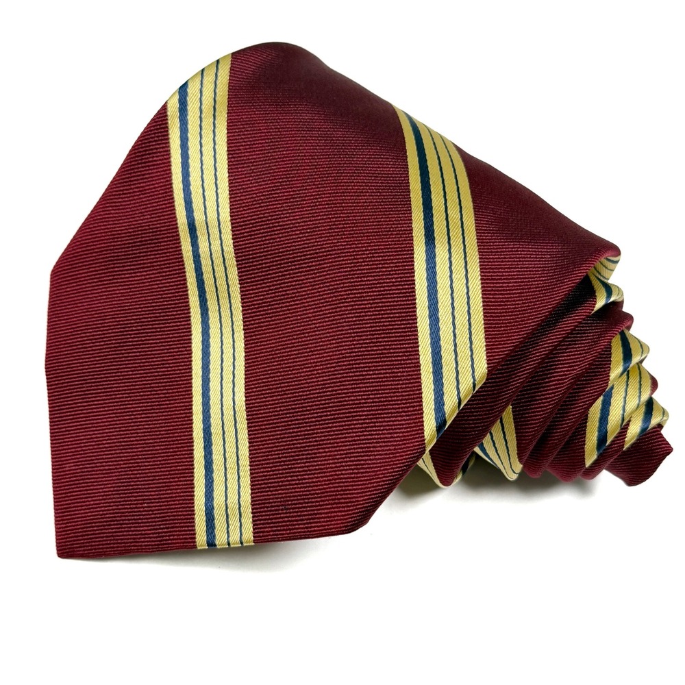 Paul Stuart Necktie Burgundy Gold Blue Striped Business Casual Classic Mens‎